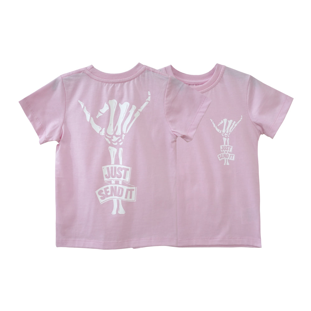 JUST SEND IT GIRLS SMALL PRINT TEE BABY PINK