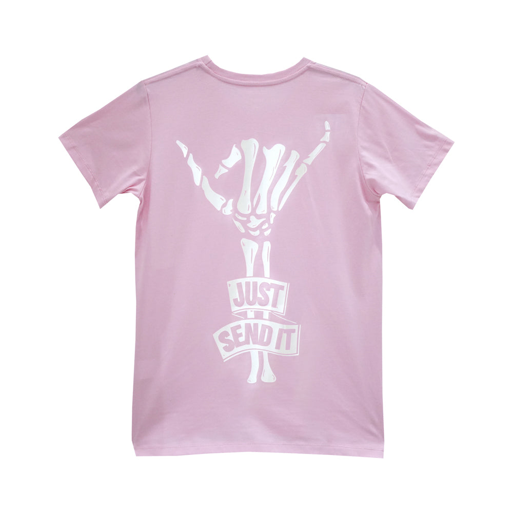 JUST SEND IT WOMENS SMALL PRINT TEE BABY PINK