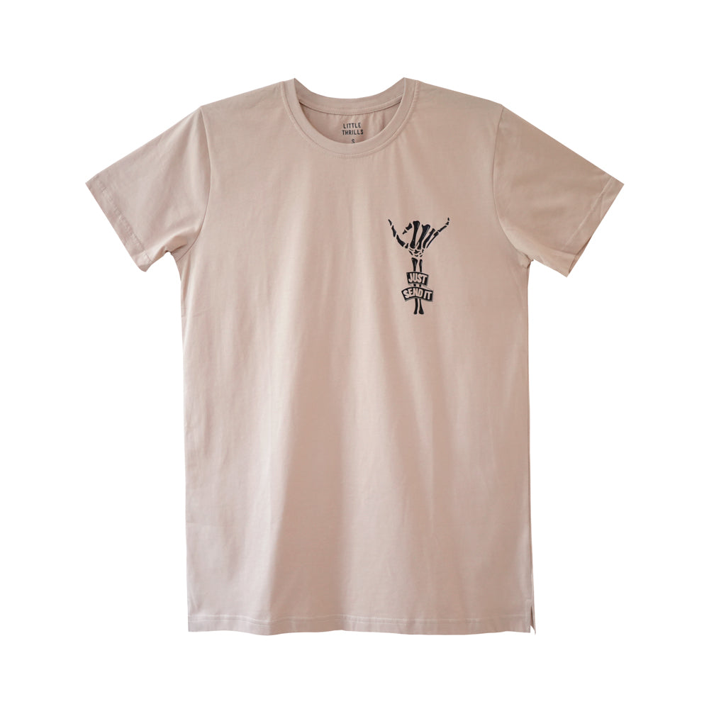 JUST SEND IT MENS SMALL PRINT TEE BEIGE