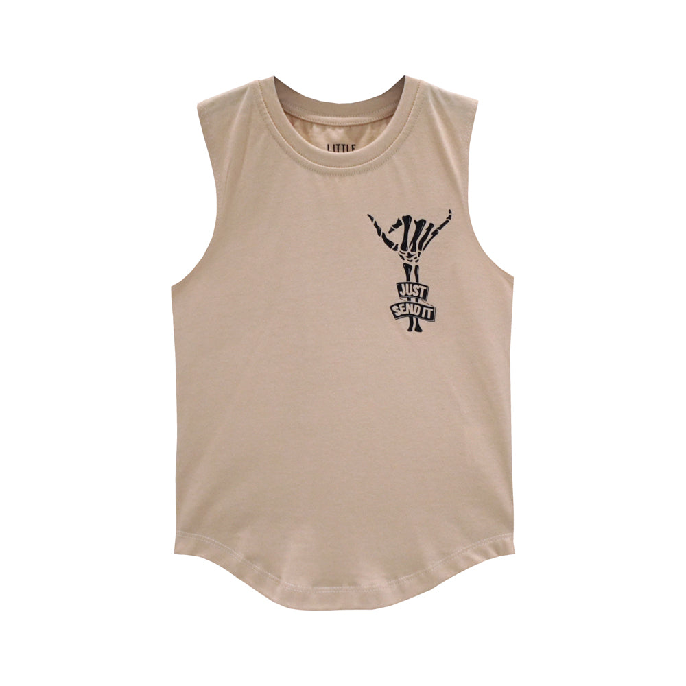 JUST SEND IT MUSCLE TEE SMALL PRINT BEIGE