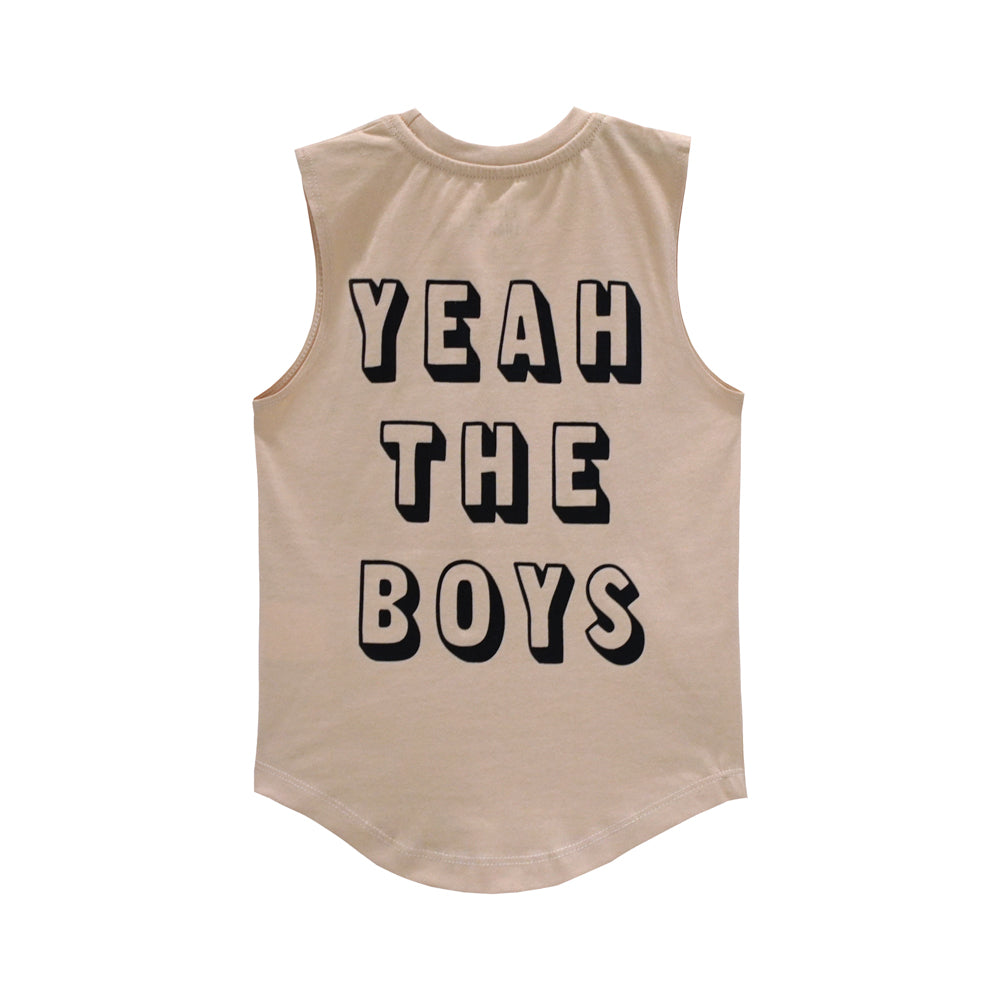 YEAH THE BOYS MUSCLE TEE SMALL PRINT BEIGE