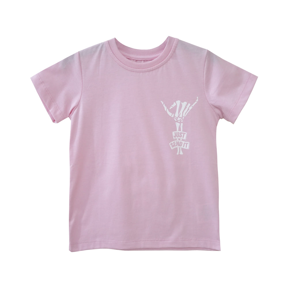 JUST SEND IT GIRLS SMALL PRINT TEE BABY PINK