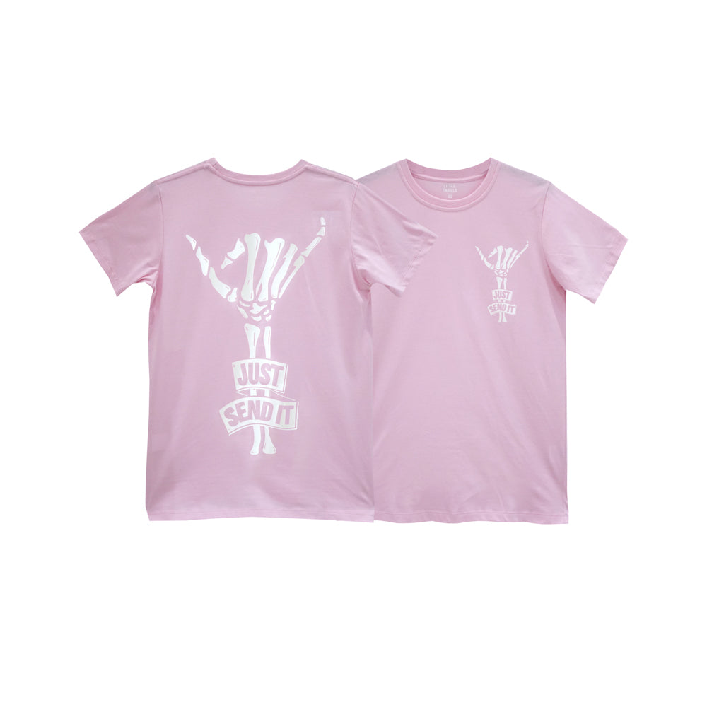 JUST SEND IT WOMENS SMALL PRINT TEE BABY PINK