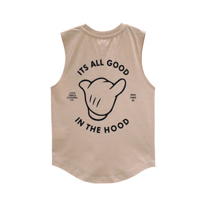 ITS ALL GOOD MUSCLE TEE SMALL PRINT BEIGE