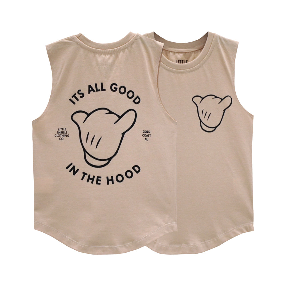ITS ALL GOOD MUSCLE TEE SMALL PRINT BEIGE