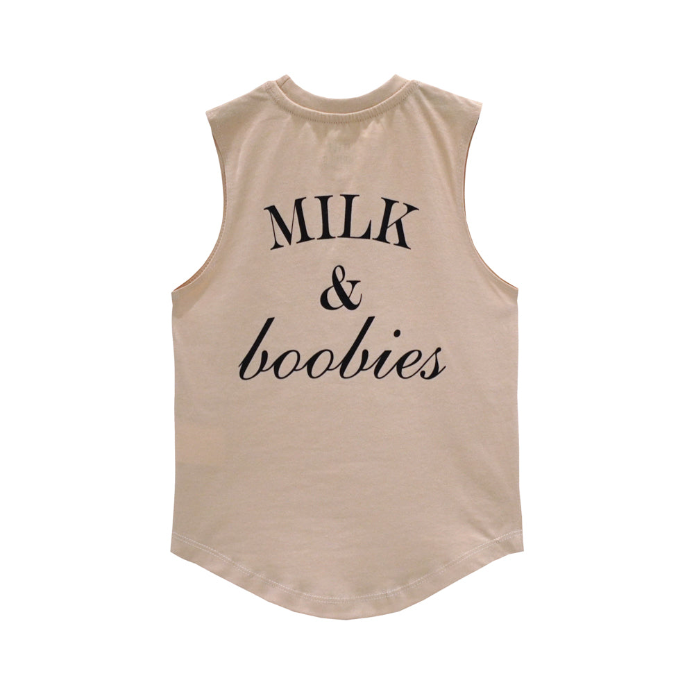 MILK AND BOOBIES MUSCLE TEE SMALL PRINT BEIGE – LITTLE THRILLS