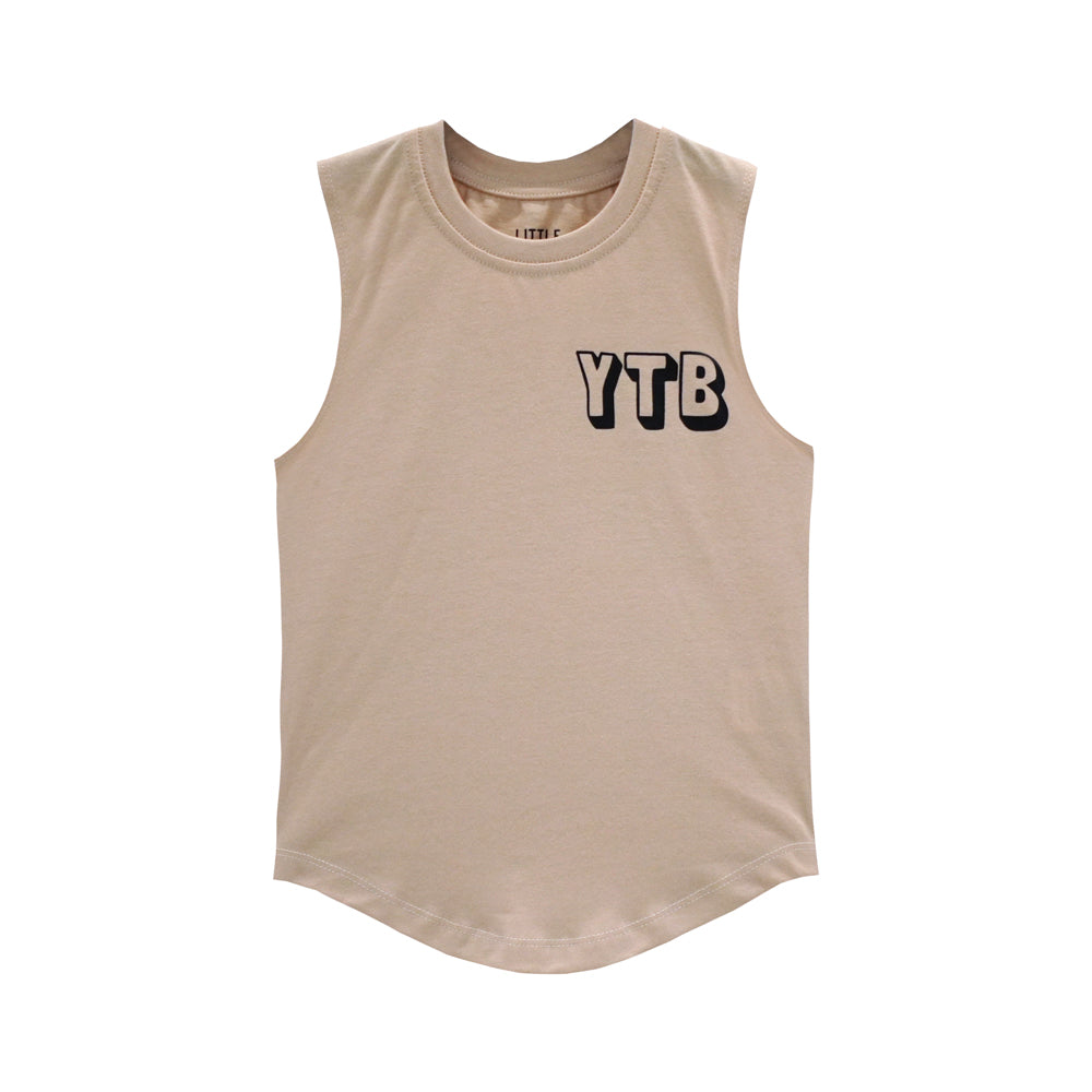 YEAH THE BOYS MUSCLE TEE SMALL PRINT BEIGE